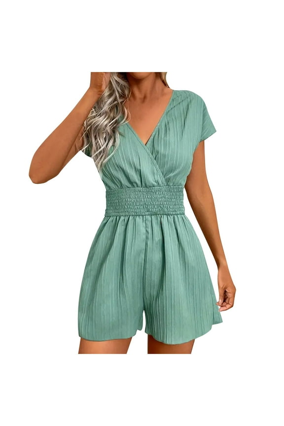 Ladies Summer Casual Rompers Cap Sleeve V Neck Smocked Waist Dressy Shorts Jumpsuit One Piece Holiday Beach Jumpers (XL, Mint Green)