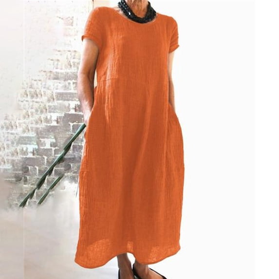 Ladies Summer Comfortable Loose Solid Color Short Sleeve Long Dress Midi Dresses for Women Casual Comfy Dresses for Women Womens Summer Cute Casual Dresses A Line Summer Dress Womens Long Short Tunic