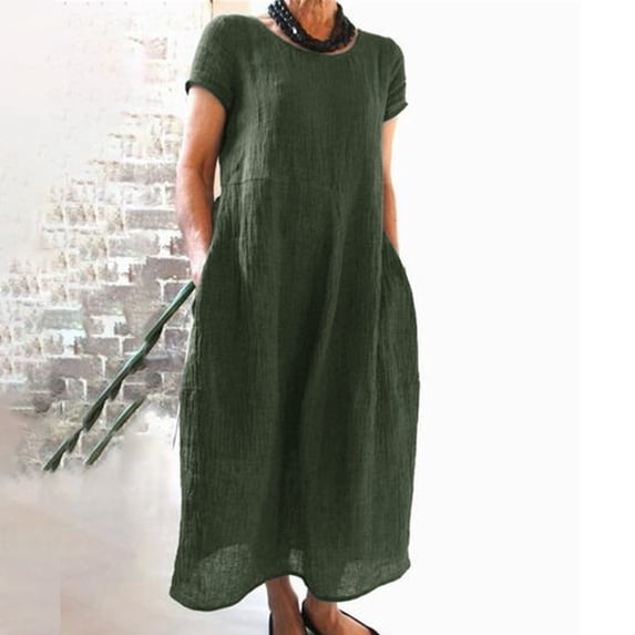 Ladies Summer Comfortable Loose Solid Color Short Sleeve Long Dress Midi Dresses for Women Casual Comfy Dresses for Women Womens Summer Cute Casual Dresses A Line Summer Dress Womens Long Short Tunic