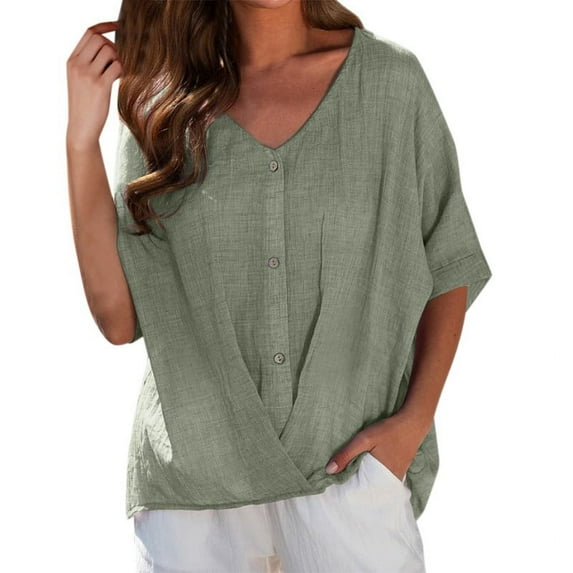 Ladies Summer Cotton Linen V Neck Pullover Short Sleeve Blouse - Loose Fit Casual Top - Button Closure & Roll-Up Sleeves for Spring/Fall