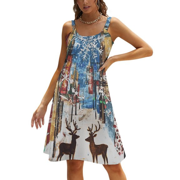 Ladies' Summer Dress Beach Sleeveless Christmas Tree Elk Snowflakes T-shirt Vest Sun Skirt