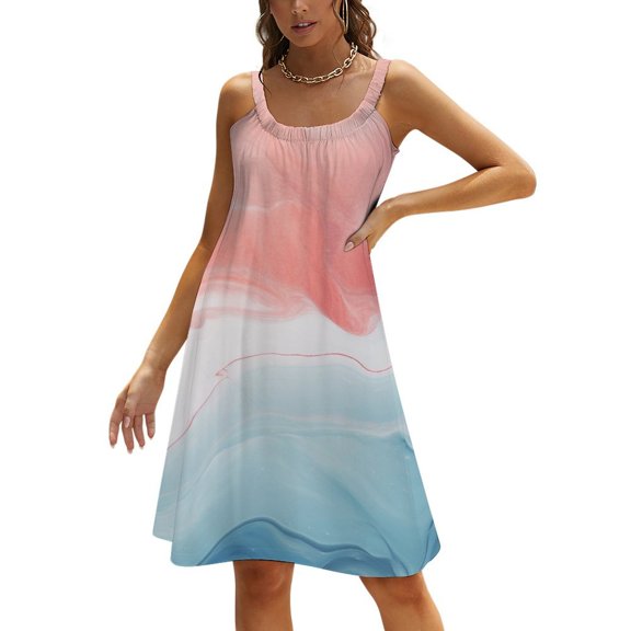 Ladies' Summer Dress Beach Sleeveless Colorful Marble Pattern T-shirt Vest Sun Skirt