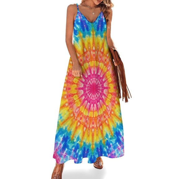 Ladies' Summer Dress Beach Sleeveless Colorful Tie Dye Vortex T-shirt Vest Sun Skirt