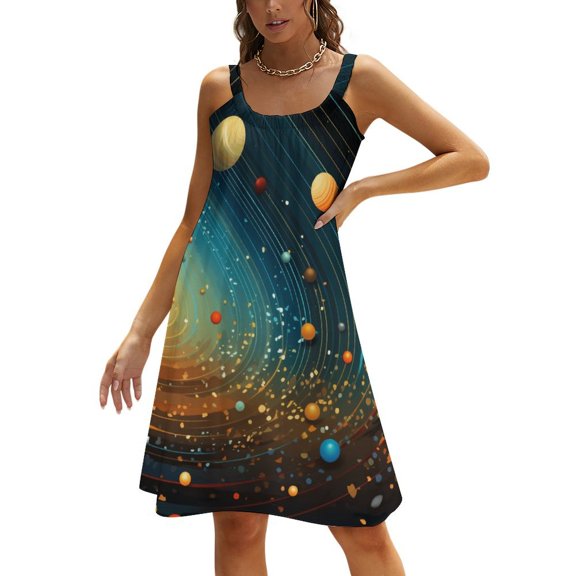 Ladies' Summer Dress Beach Sleeveless Galaxy Star Outer Space T-shirt Vest Sun Skirt