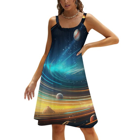Ladies' Summer Dress Beach Sleeveless Galaxy Star Outer Space T-shirt Vest Sun Skirt