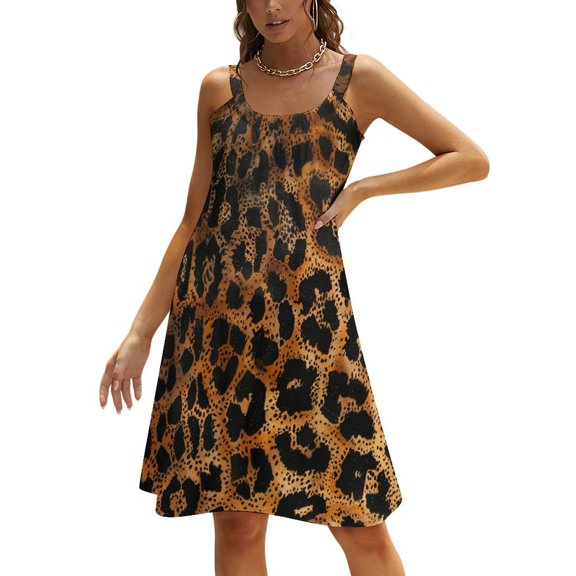 Ladies' Summer Dress Beach Sleeveless Leopard Print T-shirt Vest Sun Skirt