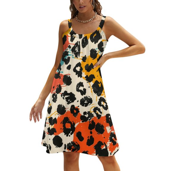 Ladies' Summer Dress Beach Sleeveless Leopard Print T-shirt Vest Sun Skirt