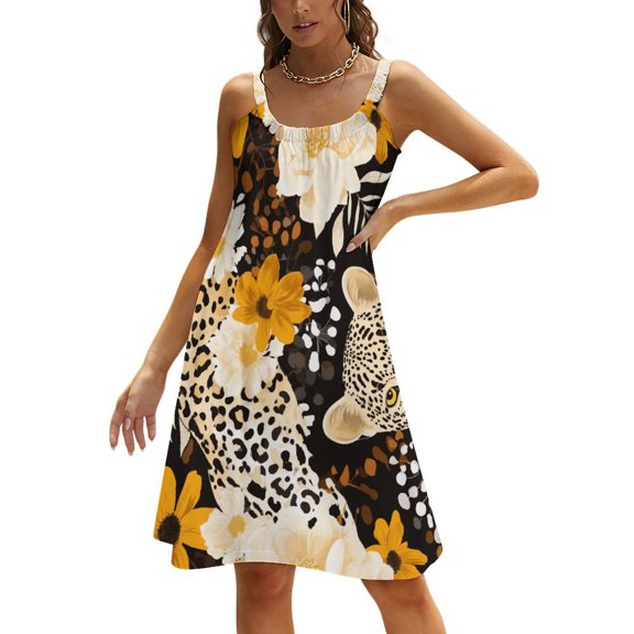 Ladies' Summer Dress Beach Sleeveless Leopard Print T-shirt Vest Sun Skirt