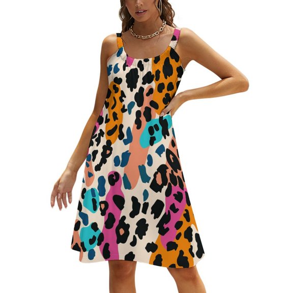 Ladies' Summer Dress Beach Sleeveless Leopard Print T-shirt Vest Sun Skirt