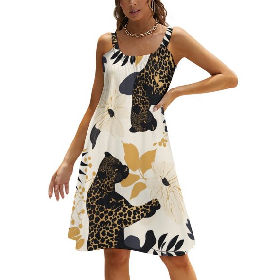 Ladies' Summer Dress Beach Sleeveless Leopard Print T-shirt Vest Sun Skirt
