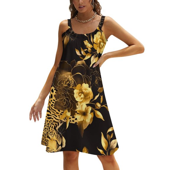 Ladies' Summer Dress Beach Sleeveless Leopard Print T-shirt Vest Sun Skirt