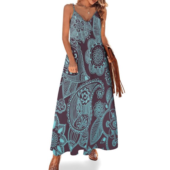 Ladies' Summer Dress Beach Sleeveless Teal Paisley Maroon Floral Pattern T-shirt Vest Sun Skirt
