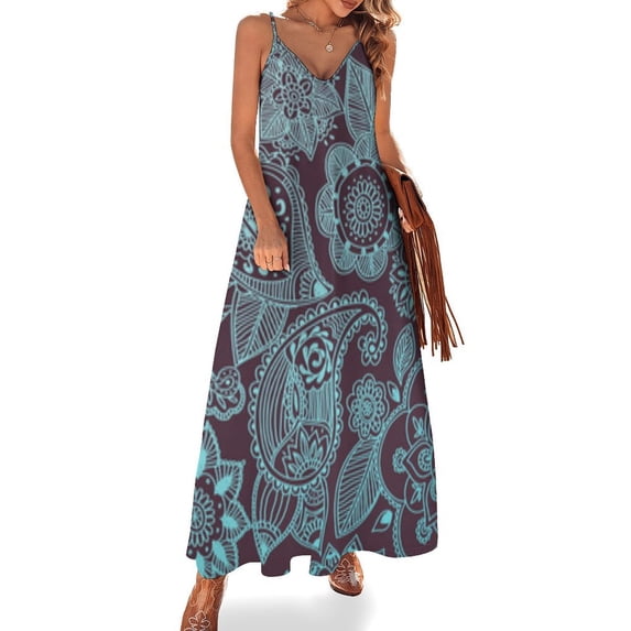Ladies' Summer Dress Beach Sleeveless Teal Paisley Maroon Floral Pattern T-shirt Vest Sun Skirt