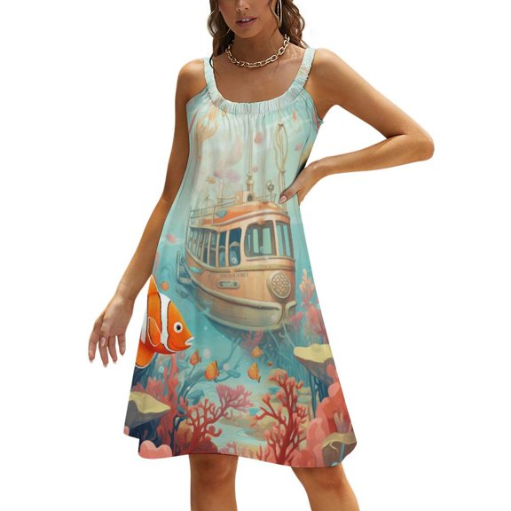 Ladies' Summer Dress Beach Sleeveless Underwater World Ship Coral T-shirt Vest Sun Skirt