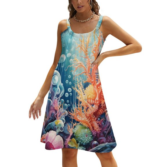 Ladies' Summer Dress Beach Sleeveless Underwater World Ship Coral T-shirt Vest Sun Skirt