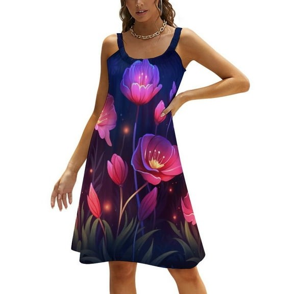 Ladies' Summer Dress Beach Sleeveless Watercolor Wildflowers T-shirt Vest Sun Skirt