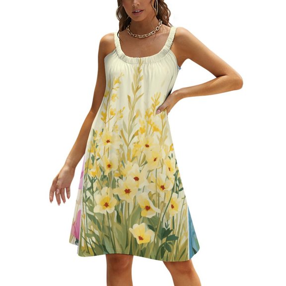 Ladies' Summer Dress Beach Sleeveless Watercolor Wildflowers T-shirt Vest Sun Skirt