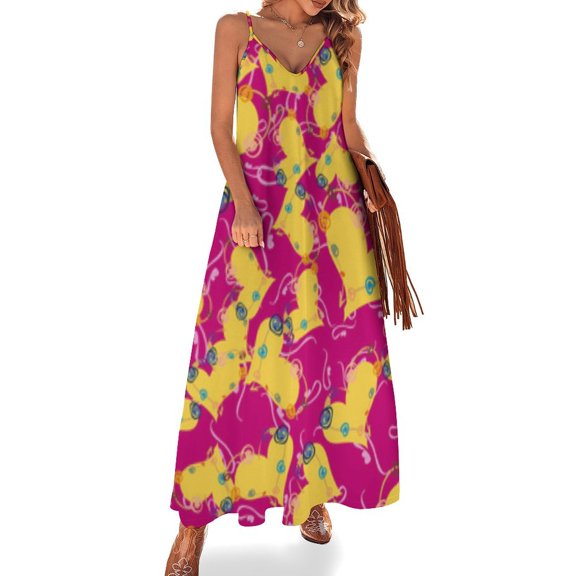 Ladies' Summer Dress Beach Sleeveless Yellow Hearts Pink Background Vibrant Pattern T-shirt Vest Sun Skirt