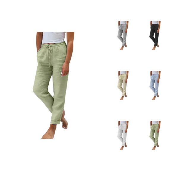 Ladies Summer Elastic High Waist Solid Color Cotton Linen Wide Leg Loose Pants Women'S Casual Pants