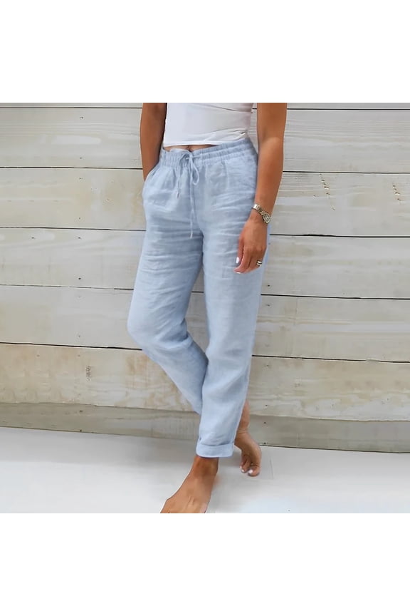 Ladies Summer Elastic High Waist Solid Color Linen Wide Leg Loose Pants plus Size Casual Pants Rompers for Women Beach Pants Petite 80s Pants for Women plus Size Dress Pants for Women Casual Casual