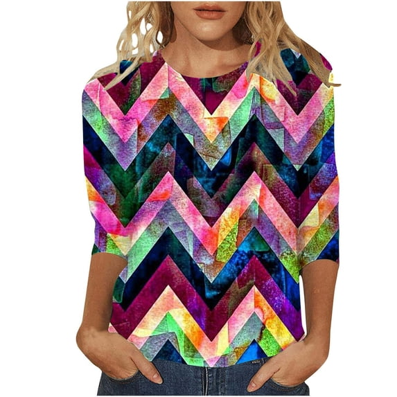 Ladies' Summer Fashion Casual Colorful Striped Print 3/4 Sleeve Tee Shirt Comfort Fit Top