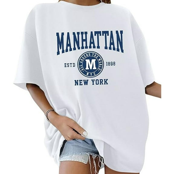 Ladies' Summer Fashion Casual English Letter Print Loose Shoulder Round Neck Short Sleeved T Shirt Top Womens Athletic Tee Shirts Women T Shirt for Summer Workout Top Top Women Loose Long T Shirts for