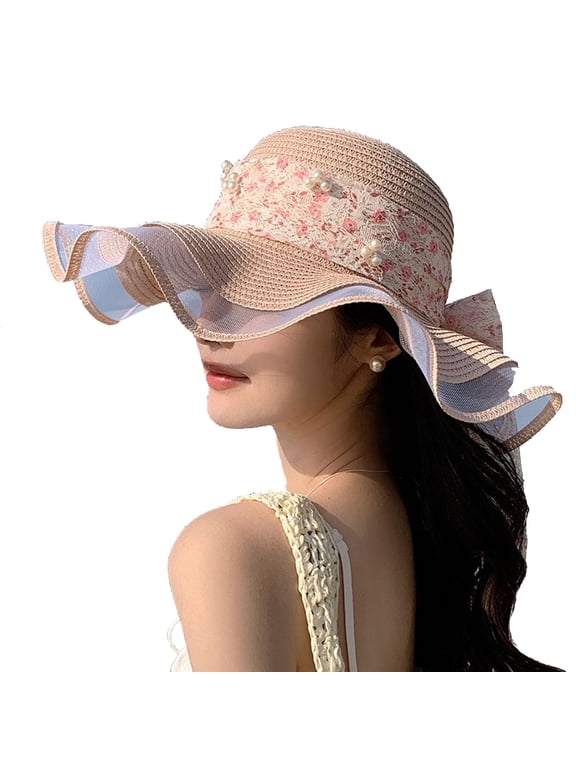 Ladies Summer Floral Sun Hat Wide Brim Straw Hat with Bow Ribbon for Beach Travel Outdoor Elegant Mesh Design