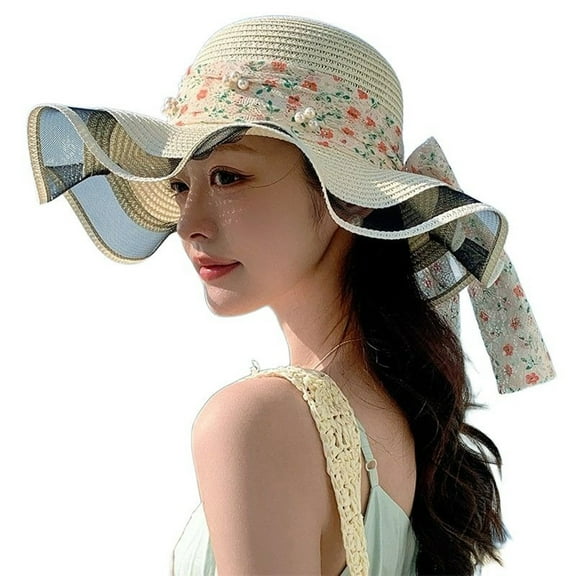 Ladies Summer Floral Sun Hat Wide Brim Straw Hat with Bow Ribbon for Beach Travel Outdoor Elegant Mesh Design