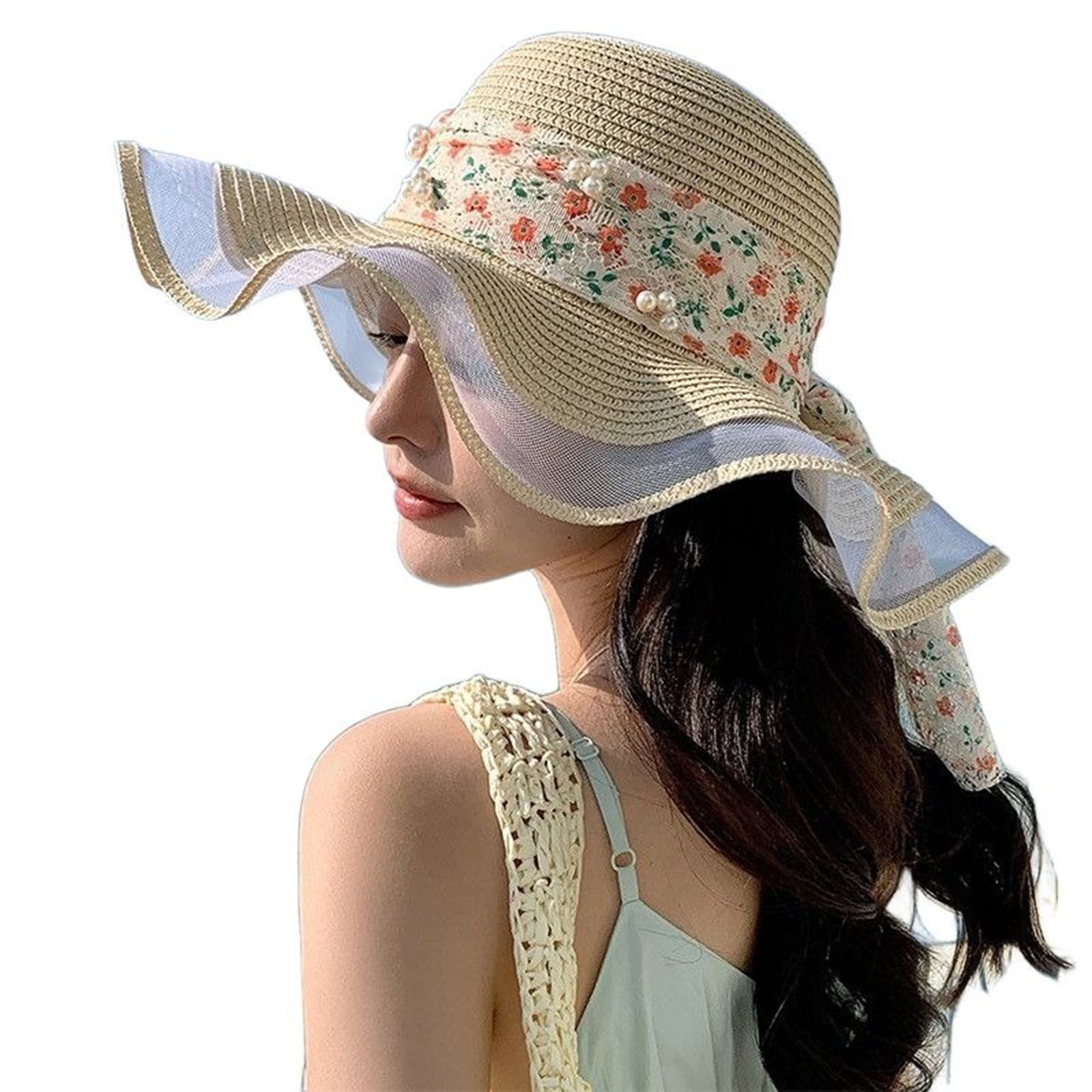 Hat With Ribbon Ladies Summer Floral Sun Hat Wide Brim Straw Hat with Bow Ribbon for ...