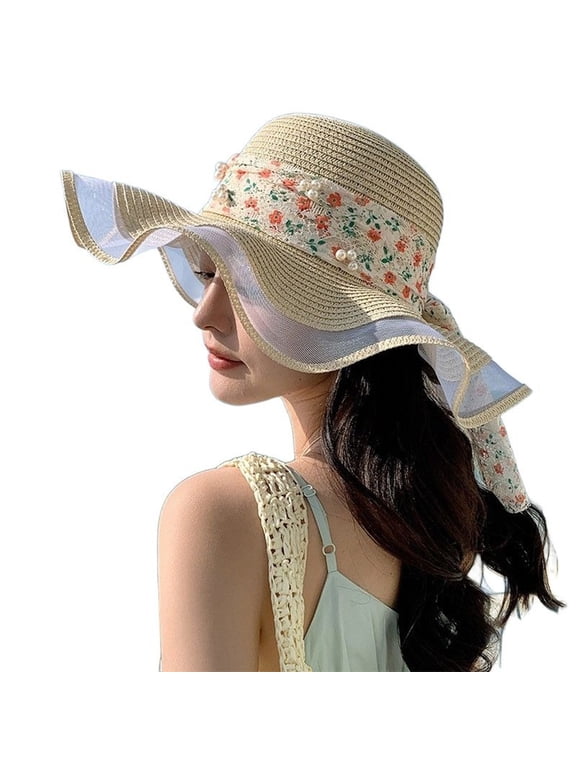 Ladies Summer Floral Sun Hat Wide Brim Straw Hat with Bow Ribbon for Beach Travel Outdoor Elegant Mesh Design