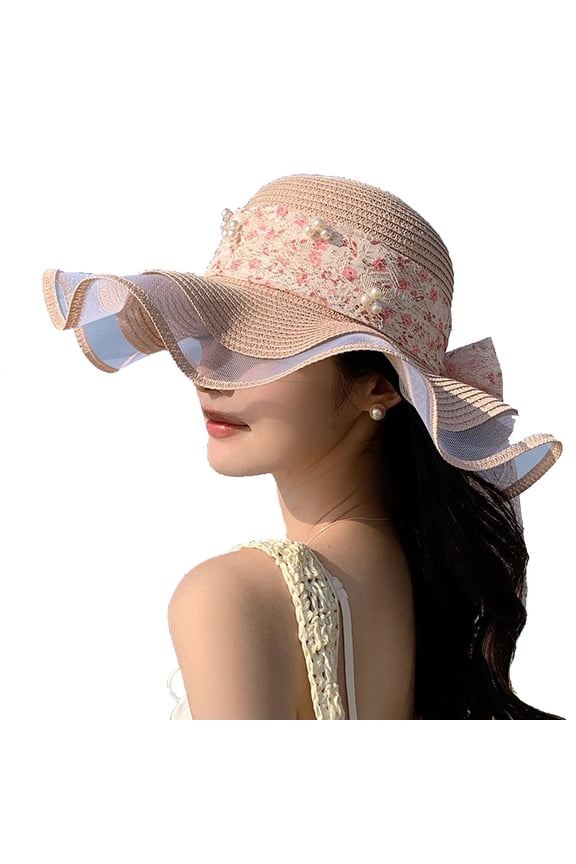 Ladies Summer Floral Sun Hat Wide Brim Straw Hat with Bow Ribbon for Beach Travel Outdoor Elegant Mesh Design
