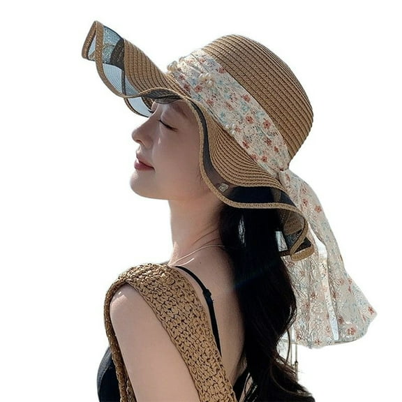 Ladies Summer Floral Sun Hat Wide Brim Straw Hat with Bow Ribbon for Beach Travel Outdoor Elegant Mesh Design