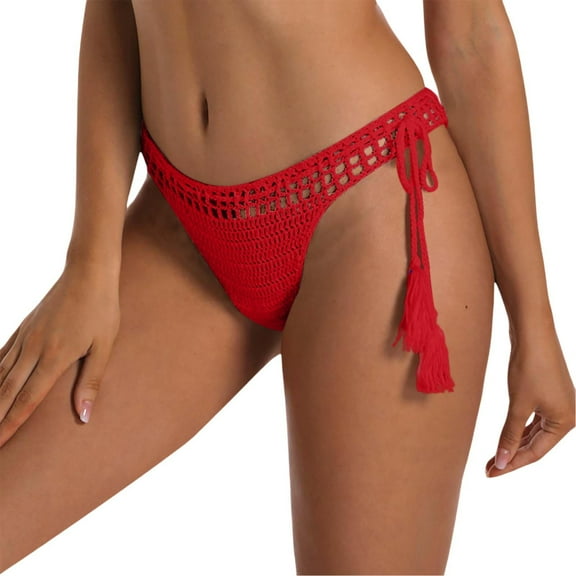 Ladies Summer Handmade Crochet Bikini Shorts - Solid Color, Belt Lined, Knitted Swim Trunks - Vintage Shirring, S-L