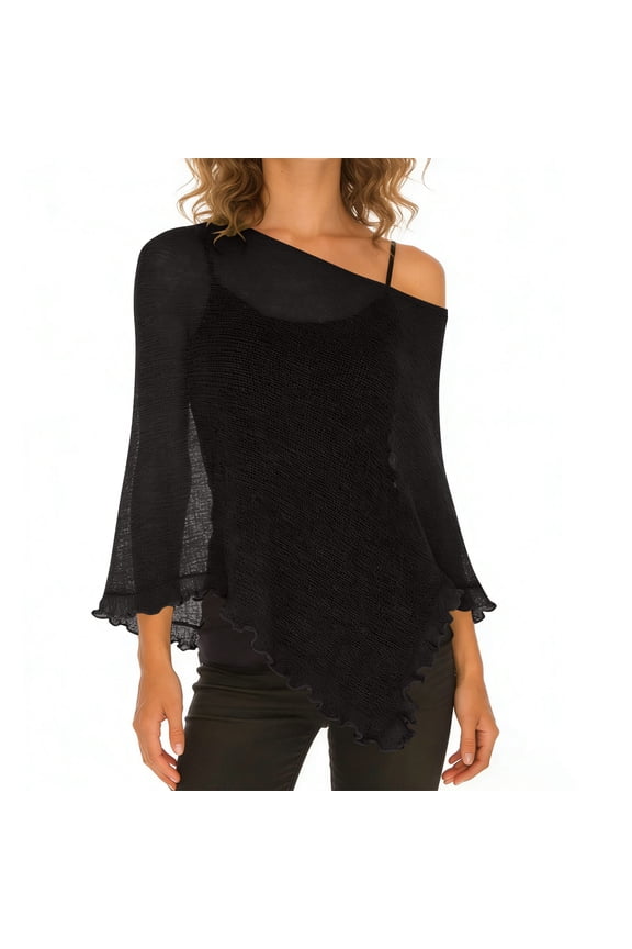 Ladies Summer Knit Blouse Hollow out Sheer V-Neck off Shoulder Ruffle Long Sleeve Casual Layering Asymmetrical Tops Boho Beach Cover up Swimwear Black One Size