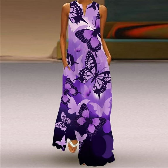 Ladies Summer Long Dress Women Pink Sleeveless V-neck Loose Party Dresses Casual 3D Flower Print Vintage Beach Dress