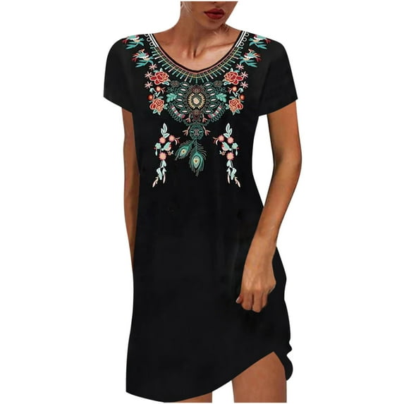 Ladies Summer Mexican T Shirt Dress Ethnic Print Short Sleeve Round Neck Casual Dresses Comfy Tunic Tshirt Dress