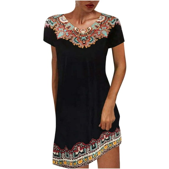 Ladies Summer Mexican T Shirt Dress Ethnic Print Short Sleeve Round Neck Casual Dresses Comfy Tunic Tshirt Dress