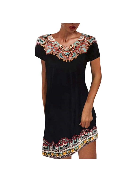Ladies Summer Mexican T Shirt Dress Ethnic Print Short Sleeve Round Neck Casual Dresses Comfy Tunic Tshirt Dress