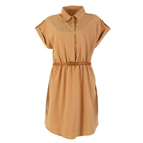 Ladies Summer Office Mini Dress V Neck Turn-Down Collar Chiffon Dress with Belt