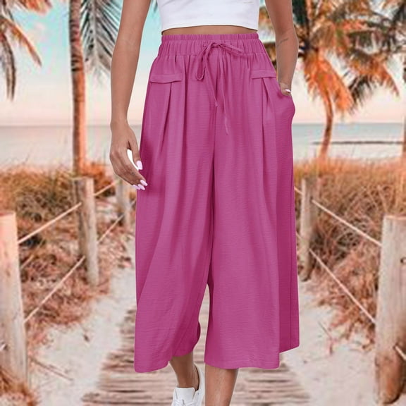 Ladies Summer Pants Dgankt Womens Pants Summer Beach Pants Linen Style Crop Wide Leg Pants Loose Yoga Capris with Pockets