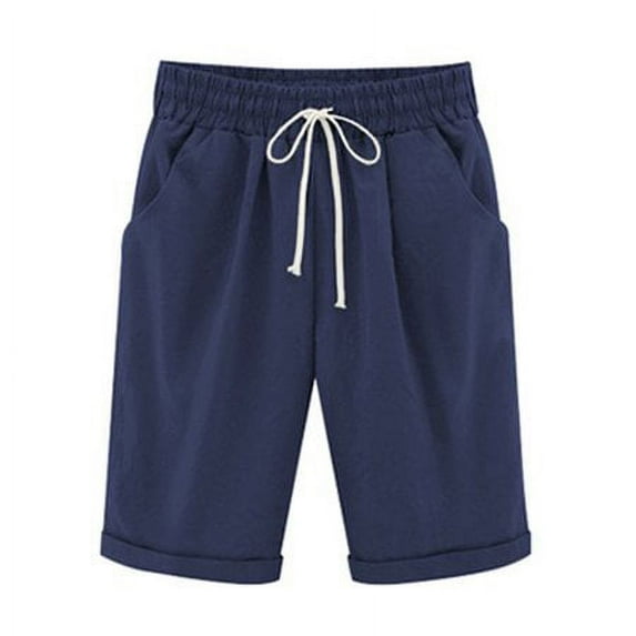 Ladies Summer Plain Drawstring Elastic Waist Bermuda Shorts Casual Knee-Length Curling Short Hot Pants Womens Pockets Five Point Trousers