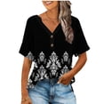 thumbnail image 1 of Ladies' Summer Short Sleeve Shirt Casual Button V-Neck Loose Fit Tshirts Boho Vacation Blouses Blouse, 1 of 5