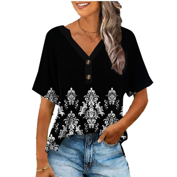 Ladies' Summer Short Sleeve Shirt Casual Button V-Neck Loose Fit Tshirts Boho Vacation Blouses Blouse