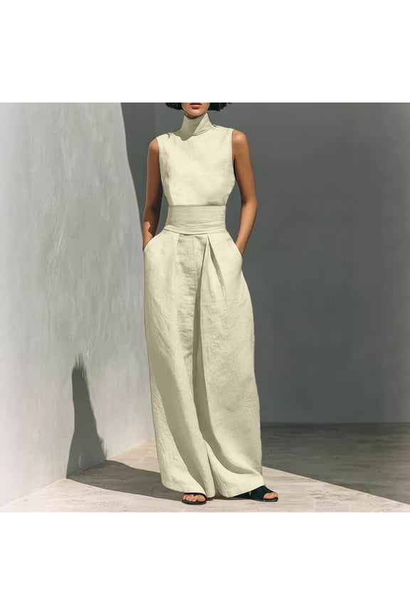 Ladies Summer Sleeveless Linen Set Solid Color Loose Casual Elegant Tank Tops Long Pants Set Two-Piece Outfits Beige M