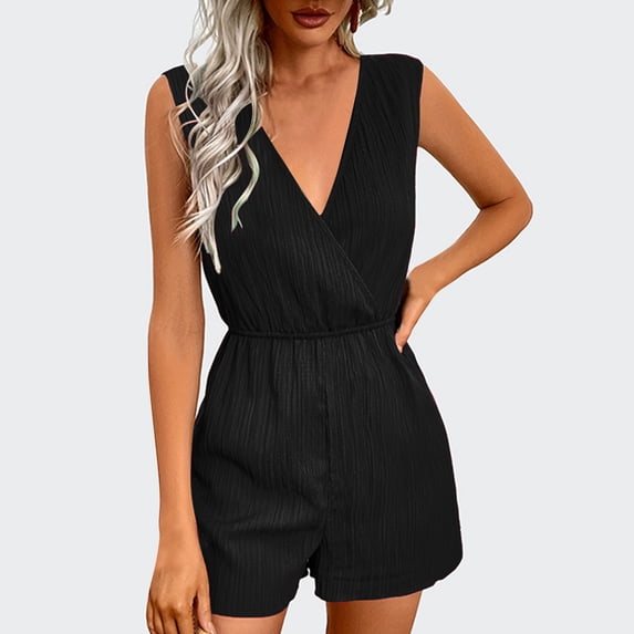 Ladies' Summer Solid Color Casual Fashion Temperament V-Neck Sleeveless Jumpsuit Shorts