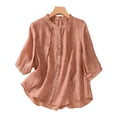 thumbnail image 1 of Ladies Summer Solid Linen Retro Loose Fit Stand Half Sleeve Shirt Top Striped Tee Women Shirts for Women Striped Long Sleeves Women Short Sleeve Shirts Was Out Long Sleeve Raglan Short Sleeve Shirt, 1 of 5