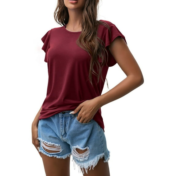 Ladies Summer T Shirt Fashion Solid Color Round Neck Ruffle Short Sleeve T Shirt Short Sleeve Tee Shirt Women