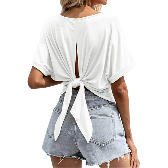 Ladies Summer Tops Blouse Round Neck Short Sleeve Shirt Back Bow Loose Bat Versatile Solid Color Casual Comfortable Stylish Women Tee