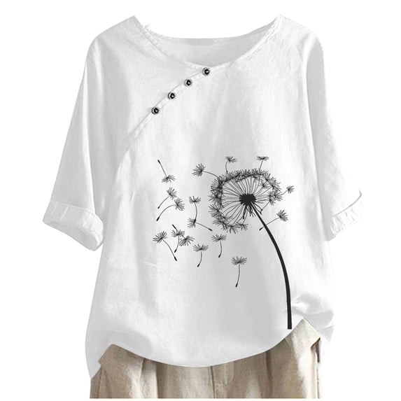 Ladies Summer Tops - Fashion Dandelion Graphic Printed T Shirt Plus Size Round Neck Short Sleeve Blouses Loose Soft Casual Longline Tee Shirts Women Tops with Buttons Detail