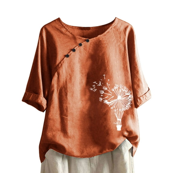 Ladies Summer Tops Sale, Plus Size Tops for Women Loose Casual Dandelion Printed Round Neck T-Shirts Ladies Comfy Short Sleeve Linen Blouse Summer Retro Tunic Tops